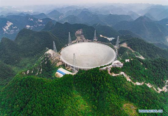 Photo taken on Sept. 7, 2016 shows the Five-hundred-meter Aperture Spherical Telescope (FAST) in Pingtang County, southwest China's Guizhou Province.  (Photo: Xinhua/Liu Xu)