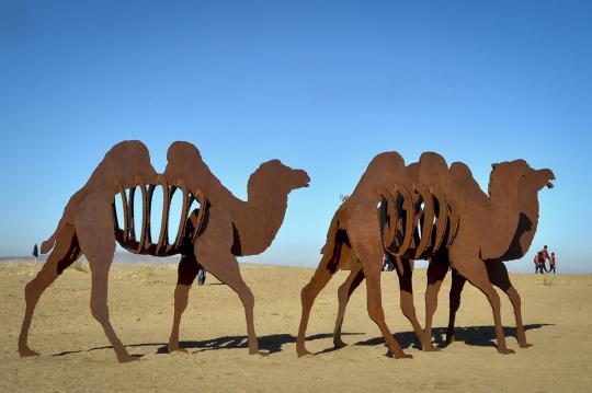 Sculptures stand out against the harsh desert background at an outdoor exhibition in Wuwei, Gansu province, on Aug 22, 2018.　(Photo/Xinhua)