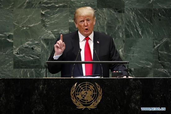 U.S. President Donald Trump addresses the General Debate of the 73rd session of the UN General Assembly at the UN Headquarters in New York, Sept. 25, 2018. (Xinhua/Li Muzi)