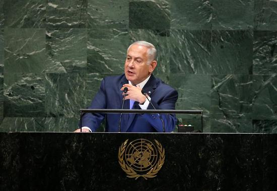 Israeli Prime Minister Benjamin Netanyahu addresses the General Debate of the 73rd session of the United Nations General Assembly at the UN headquarters in New York, on Sept. 27, 2018. (Xinhua/Qin Lang)