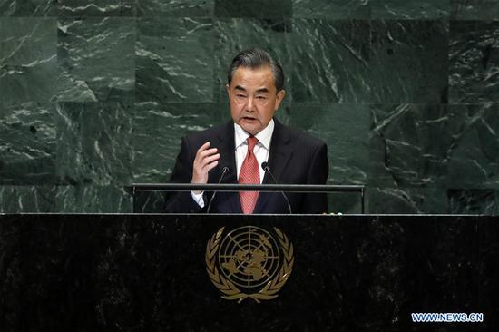 Chinese State Councilor and Foreign Minister Wang Yi addresses the General Debate of the 73rd session of the United Nations General Assembly at the UN headquarters in New York, on Sept. 28, 2018. Wang Yi on Friday delivered a speech at the General Debate of the UN General Assembly, endorsing multilateralism, world peace and free trade. (Xinhua/Li Muzi)