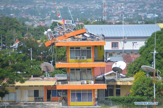 Photo provided by the Indonesian Air Force shows a damaged air navigation tower in Palu, Central Sulawesi province, Indonesia, Sept. 29, 2018. (Xinhua/Indonesian Air Force)