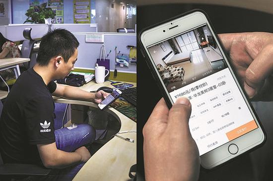 A recent graduate, who has newly arrived in Beijing, checks an online rental site for a living space. (Photo by CHEN TONG / FOR China Daily)