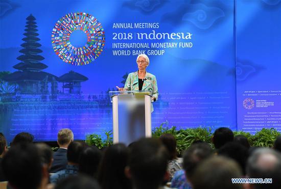 Christine Lagarde, managing director of the International Monetary Fund (IMF), delivers a speech in Washington D.C., the United States, on Oct. 1, 2018. (Photo/Xinhua)