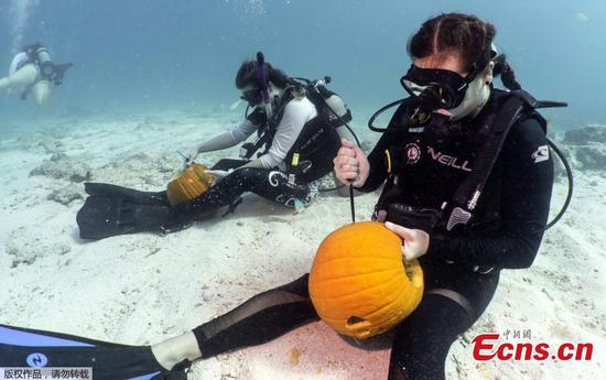 Divers show pumpkin carvings underwater