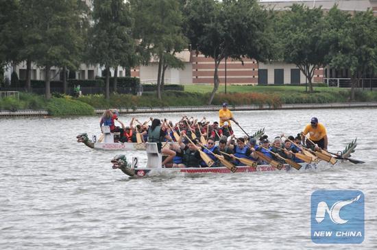 Dragon boat team members paddle hard in a boat race on Saturday, Oct. 13, 2018 in Houston, Texas, the United States. (Xinhua/Sun Jiayi)