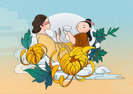 An illustration shows Aniu treating his mother's eyes using chrysanthemum flowers. (Image by Li Yueyun)