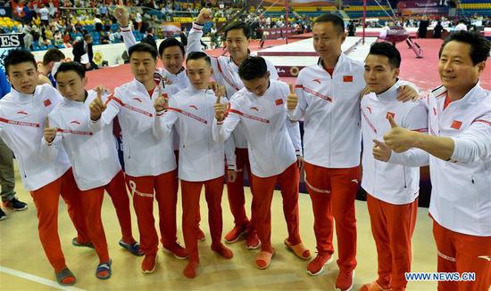 Team China wins gold medal during Men's Team Final at 2018 FIG Artistic Gymnastics Championships