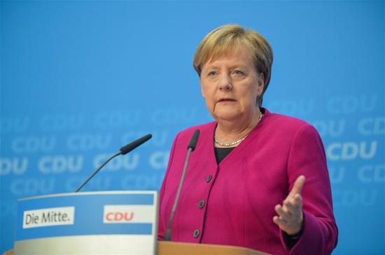German Chancellor Angela Merkel attends a press conference at the headquarters of the Christian Democratic Union (CDU) in Berlin, capital of Germany, on Oct. 29, 2018. German Chancellor Angela Merkel said Monday that she would not run for another term as chancellor in 2021 when the current term ends. (Xinhua/Lian zhen)