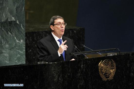 Cuban Foreign Minister Bruno Rodriguez addresses the UN General Assembly meeting at the UN headquarters in New York, Nov. 1, 2018.  (Xinhua/Xie E)