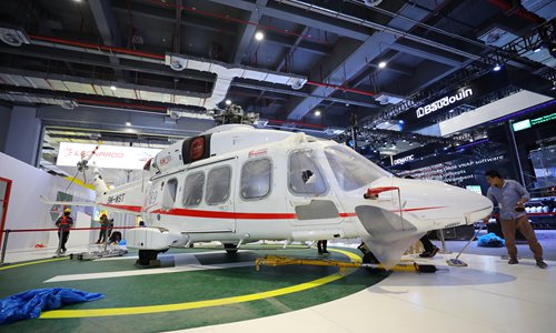 The AW189 medium-lift helicopter, manufactured by Leonardo from Italy, is the most expensive item on display at the China International Import Expo. (Photo: Yang Hui/ GT)