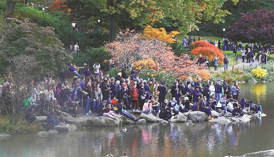 People gather at the Pond in New York’s Central Park to enjoy the rare appearance of a male Mandarin Duck. (KONG WENZHENG / CHINA DAILY)