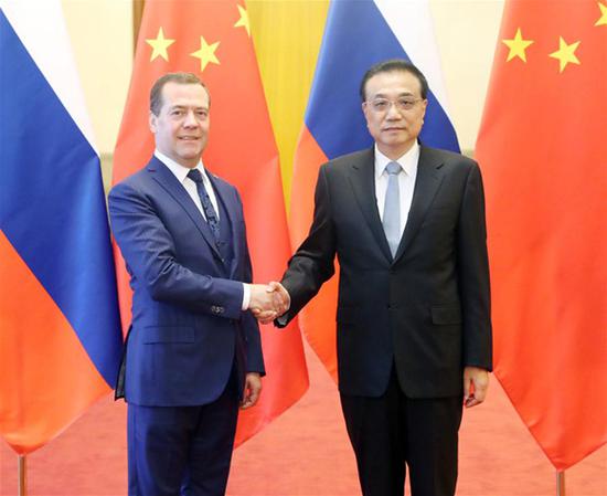 Chinese Premier Li Keqiang (R) and Russian Prime Minister Dmitry Medvedev co-chair the 23rd China-Russia Prime Ministers' Regular Meeting in Beijing, capital of China, Nov. 7, 2018. (Xinhua/Liu Weibing)