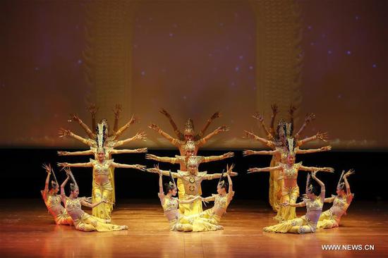 Artists of China Disabled People's Performing Art Troupe perform Thousand-hand Bodhisattva dance in New York, the United States, on Nov. 6, 2018. The China Disabled People's Performing Art Troupe has conveyed to its audiences the importance of dignity, respect and inclusiveness through its music and dance performances here. (Xinhua/Li Muzi)