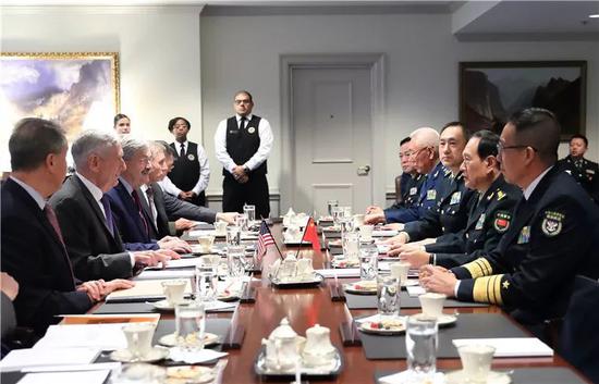 Chinese Minister of Defense Wei Fenghe and US Secretary of Defense Jim Mattis hold talks in Pentagon for the second round of the China-US Diplomatic and Security Dialogue in Washington, DC, November 9, 2018. /Photo via Chinese Defense Ministry