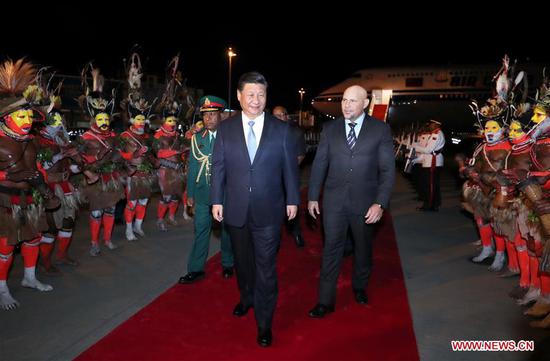 hinese President Xi Jinping (C) is warmly welcomed by senior Papua New Guinea (PNG) officials and locals upon his arrival at the airport in Port Moresby, PNG, on Nov. 15, 2018. Xi arrived here Thursday to pay a state visit to PNG, meet with leaders of the Pacific island countries which have diplomatic ties with China and attend the 26th Asia-Pacific Economic Cooperation (APEC) Economic Leaders' Meeting. (Xinhua/Ju Peng)