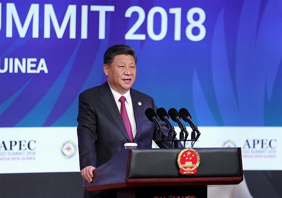 Chinese President Xi Jinping delivers a keynote speech titled Jointly Charting a Course Toward a Brighter Future while attending the Asia Pacific Economic Cooperation (APEC) CEO Summit in Port Moresby, Papua New Guinea, on Nov. 17, 2018. (Xinhua/Ju Peng)