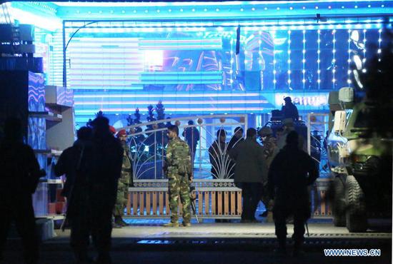 Afghan security forces inspect the site of a suicide bombing in Kabul, capital of Afghanistan, on Nov. 20, 2018. At least 43 people were killed and 83 others injured after a suicide bombing struck a hotel in Afghan capital Kabul on Tuesday evening, the Public Health Ministry confirmed. (Xinhua/Rahmat Alizadah)