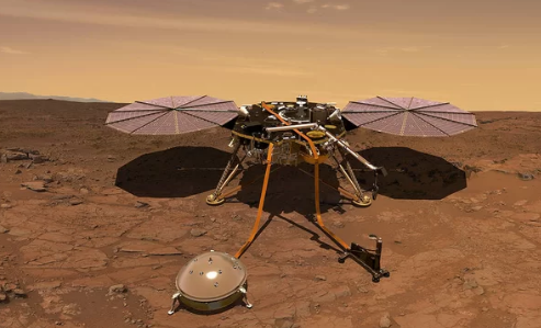 An artist's interpretation of the InSight lander operating on the Martian surface.
Credit: NASA/JPL-Caltech