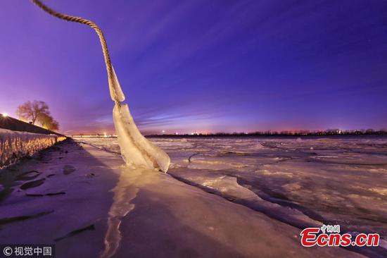 Harbin section of Songhua River begins freezing up
