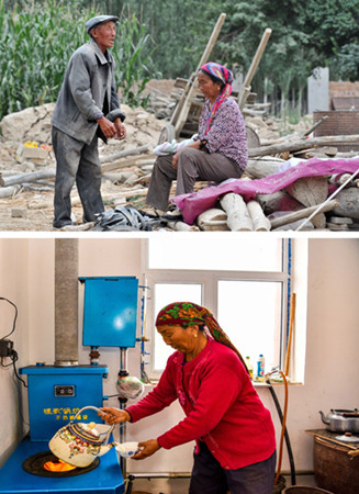 Top: Villager Sailater and her husband talk on the ruins of their old house in Jinghe county, Xinjiang Uygur autonomous region, on Aug 16, 2017. The house was destroyed during a magnitude-6.6 earthquake on Aug 9. Above: Sailater pours traditional milk tea to serve guests in her rebuilt house in December last year. (Photos/Xinhua)