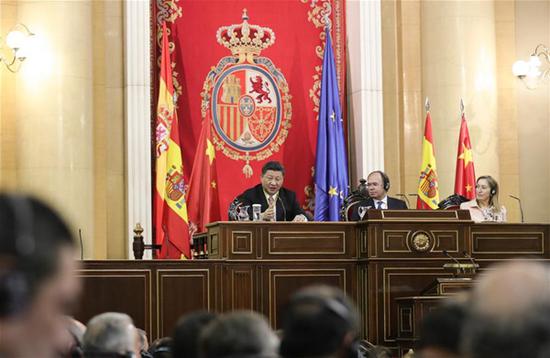 Chinese President Xi Jinping addresses the two houses of Spanish parliament, the Senate and the Congress of Deputies, in Madrid, Spain, Nov. 28, 2018. (Xinhua/Xie Huanchi)