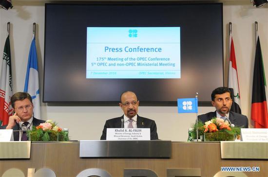 (From L to R) Russian Energy Minister Alexander Novak, Saudi Energy Minister Khalid al-Falih, and UAE Minister of Energy and Industry Suhail Mohamed Faraj Al Mazrouei attend a press conference after an OPEC and non-OPEC oil producers meeting in Vienna, Austria, on Dec. 7, 2018. The Organization of the Petroleum Exporting Countries (OPEC) and Non-OPEC oil producers on Friday agreed to jointly cut the crude production by 1.2 million barrels per day, to be implemented in January 2019 for an initial period of six months. (Xinhua/Liu Xiang)
