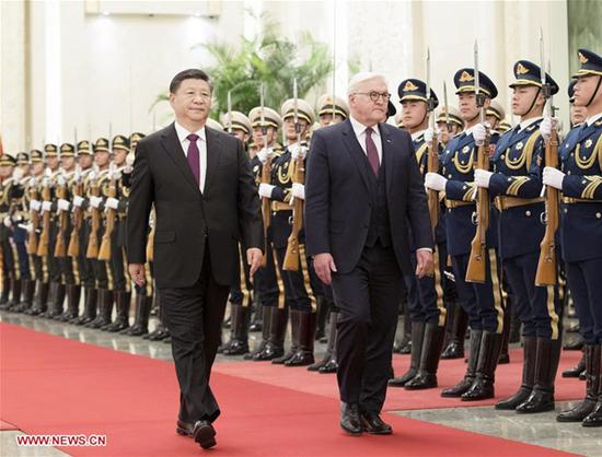 Chinese President Xi Jinping (L, front) holds a welcoming ceremony for German President Frank-Walter Steinmeier before their talks at the Great Hall of the People in Beijing, capital of China, Dec. 10, 2018. (Xinhua/Wang Ye)