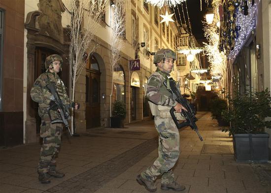 Soldiers stand guard in the center of Strasbourg, France, on Dec. 11, 2018. (Xinhua/Ye Pingfan)