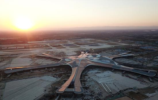 An aerial photo shows the construction site of Beijing's new airport in Daxing district in Beijing, Oct 2, 2018. [Photo/Xinhua]