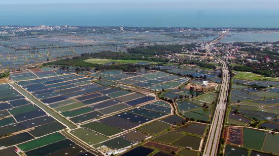An aerial photo of the fish and shrimp breeding base in Jiangping town, Dongxing city, in South China's Guangxi Zhuang autonomous region. PHOTO PROVIDED TO CHINADAILY