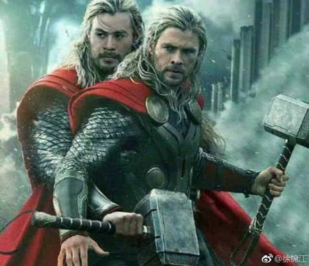 Xu Jinjiang (left) being compared to Chris Hemsworth (right) who played Thor. [Photo:Weibo]