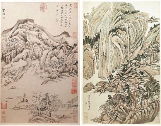 Landscape paintings by Ming Dynasty (1368-1644) artist Dong Qichang in the manner of old masters are among the pieces on show at the ongoing exhibition in Shanghai. (Photo by Gao Erqiang/China Daily)