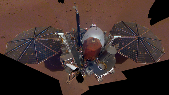 This is NASA InSight's first full selfie on Mars. It displays the lander's solar panels and deck. On top of the deck are its science instruments, weather sensor booms and UHF antenna. (Image Credit: NASA/JPL-Caltech)