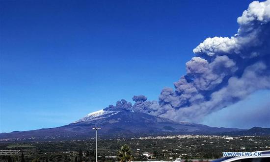 Photo taken on Dec. 24, 2018 shows the Mount Etna volcano during the eruption in Catania, Sicily, Italy. Sicily's Mount Etna volcano erupted on Monday, the National Institute of Geophysics and Vulcanology (INGV) said in a statement. Eruptions are fairly frequent occurrences at Mount Etna, with the last large eruption taking place in 2009, according to the INGV. (Xinhua/Davide Anastasi)
