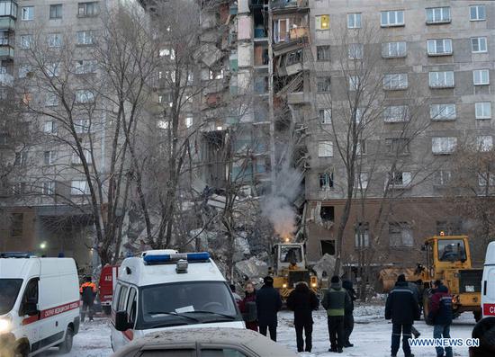 A residential building is seen partially destroyed after a gas explosion in the industrial city of Magnitogorsk, Russia, Dec.31, 2018.  (Xinhua/Sputnik)