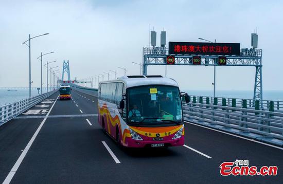 A coach passes the Qingzhou shipping channel bridge, part of the Hong Kong-Zhuhai-Macao Bridge, Oct. 24, 2018. (Photo: China News Service/Zhang Wei)