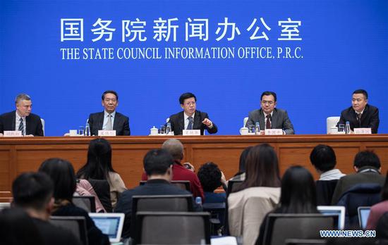 Deputy head of the China National Space Administration (CNSA) Wu Yanhua (C, back), secretary-general and spokesman of the CNSA Li Guoping (2nd R, back), chief designer of China's lunar program Wu Weiren (2nd L, back) and chief designer of the Chang'e-4 probe Sun Zezhou (1st R, back) attend a press conference on Chang'e-4 mission in Beijing, capital of China, Jan. 14, 2019. (Xinhua/Jin Liwang)