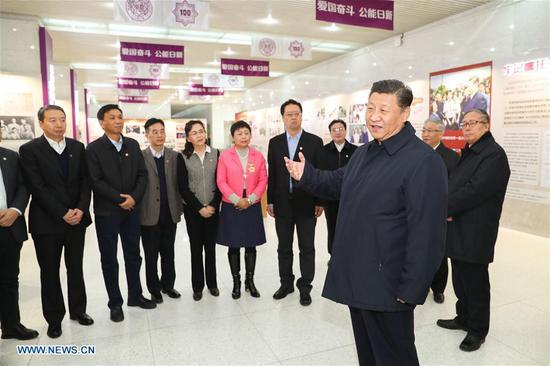 Xi Jinping, general secretary of the Central Committee of the Communist Party of China, Chinese president and chairman of the Central Military Commission, talks to academicians, specialists and teachers at Nankai University in Tianjin, north China, Jan. 17, 2019. Xi was on an inspection tour in Tianjin Thursday. (Xinhua/Xie Huanchi)