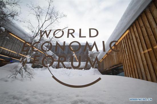 Photo taken on Jan. 21, 2019 shows the logo of the World Economic Forum (WEF) in Davos, Switzerland. The WEF Annual Meeting will kick off in Davos on Tuesday. (Xinhua/Xu Jinquan)