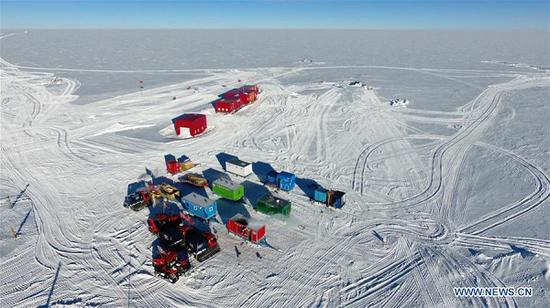Aerial photo taken on Jan. 23, 2019 shows the view of the campsite beside the Kunlun Station in Antarctica. The Kunlun team of China's 35th Antarctic expedition withdrew from the Kunlun Station on Thursday after completing various scientific exploration projects at the peak of Antarctic's inland icecap. (Xinhua/Liu Shiping)