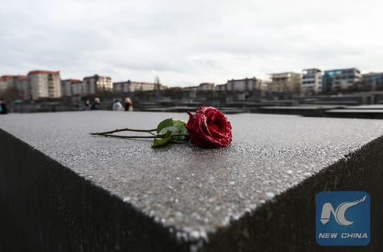 File Photo: A rose is seen at the Memorial to the Murdered Jews of Europe in Berlin, capital of Germany, on Jan. 27, 2019. The memorial, located in the center of Berlin, was built to remember the up to 6 million Jews killed in Nazi Germany during World War II. (Xinhua/Shan Yuqi)