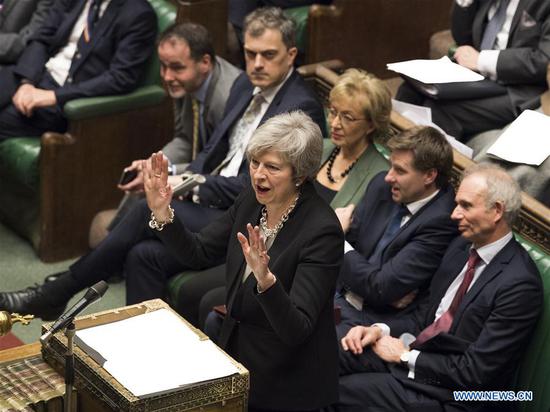 British Prime Minister Theresa May (Front) attends a debate on the Brexit deal amendments in the House of Commons in London, Britain, on Jan. 29, 2019. (Xinhua/UK Parliament/Mark Duffy)