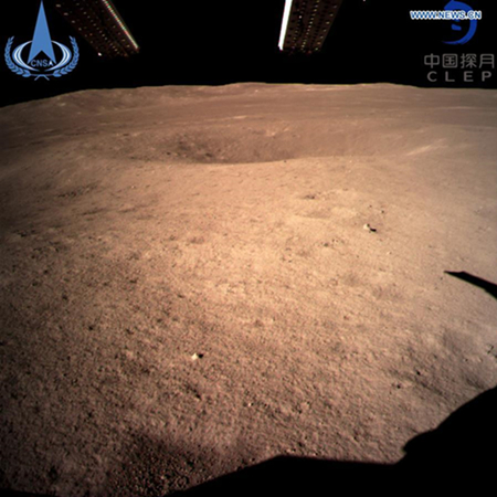 Photo provided by the China National Space Administration on Jan. 3, 2019 shows the first image of the moon's far side taken by China's Chang'e-4 probe. China's Chang'e-4 probe touched down on the far side of the moon Thursday, becoming the first spacecraft soft-landing on the moon's uncharted side never visible from Earth. The probe, comprising a lander and a rover, landed at the preselected landing area at 177.6 degrees east longitude and 45.5 degrees south latitude on the far side of the moon at 10:26 a.m. Beijing Time (0226 GMT), the China National Space Administration announced. (Xinhua)