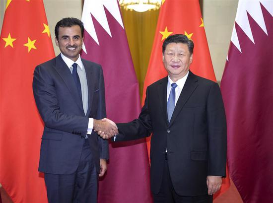 Chinese President Xi Jinping holds talks with Sheikh Tamim Bin Hamad al-Thani, emir of Qatar, at the Great Hall of the People in Beijing, capital of China, Jan. 31, 2019. Prior to the talks, Xi held a welcome ceremony for Tamim at the Great Hall of the People. (Xinhua/Li Tao)