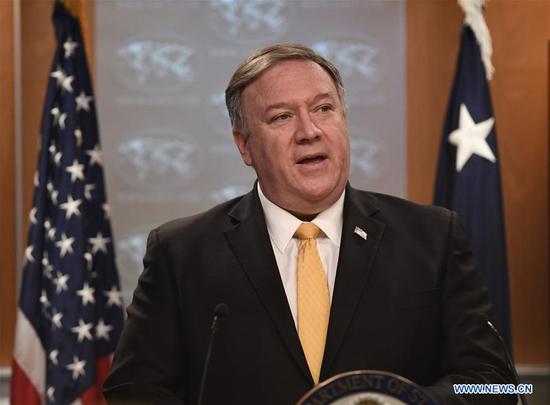 U.S. Secretary of State Mike Pompeo speaks during a press briefing in Washington D.C., the United States, Feb. 1, 2019. The Trump administration announced on Friday that the United States is withdrawing from a landmark nuclear arms control pact with Russia, a move seen as exacerbating the risk of an international arms race. (Xinhua/Liu Jie)