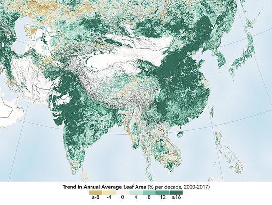 Satellite data show that China and India have led the global increase in leafy coverage in recent years. (Photo/NASA)