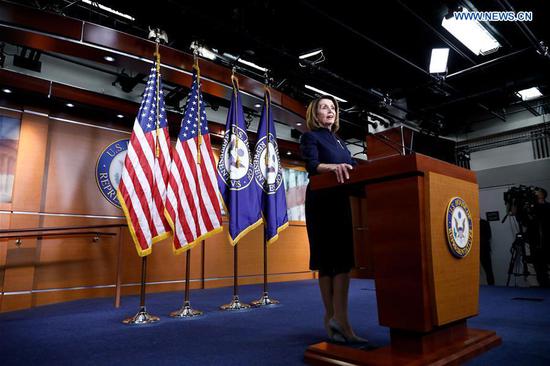 U.S. House Speaker Nancy Pelosi speaks during a press conference on Capitol Hill in Washington D.C., the United States, on Feb. 14, 2019. Nancy Pelosi, the top Democrat in the House, said her party is 