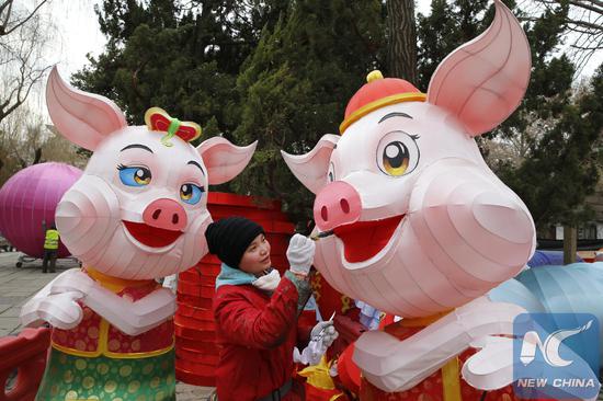 File Photo: A craftswoman adorns a pig-shaped festive lantern at the Baotu Spring Park in Jinan, capital of east China's Shandong Province, Jan. 9, 2019. (Xinhua/Lyu Chuanquan)