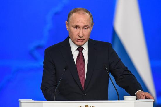 Russia's President Vladimir Putin speaks during the annual address to the Federal Assembly in Moscow, Russia, Feb. 20, 2019. The preliminary results of the implementation of Russia's national projects should be summed up in 2020, Putin said Wednesday. (Xinhua/Evgeny Sinitsyn)